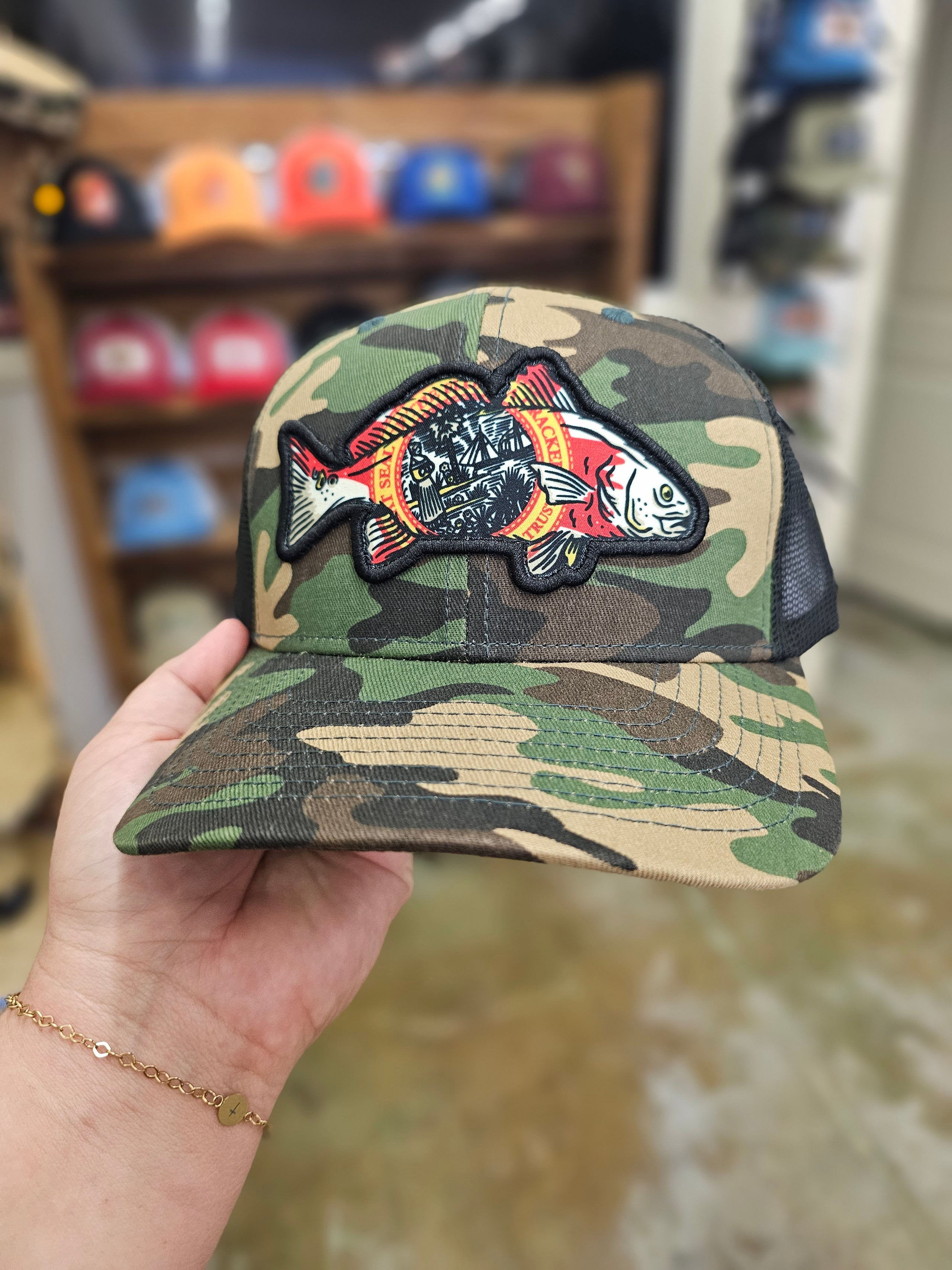 Florida Cracker Fl State Flag Redfish Hat - Camo/Black